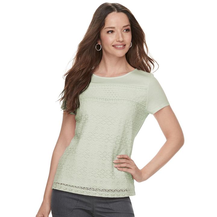 Petite Croft & Barrow&reg; Mixed Lace Short Sleeve Tee, Women's, Size: Xl Petite, Lt Green