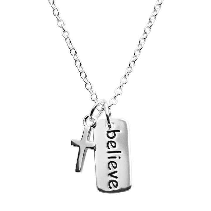 Silver Plate Believe And Cross Pendant, Women's, Grey