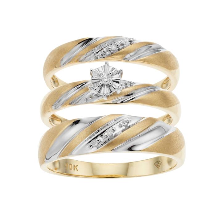 10k Gold Two Tone Diamond Accent Trio Wedding Ring Set, Women's, Size: L7 And M10, White