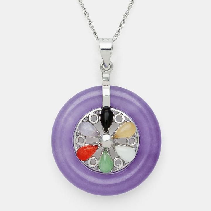 Sterling Silver Jade Round Pendant, Women's, Size: 18, Purple
