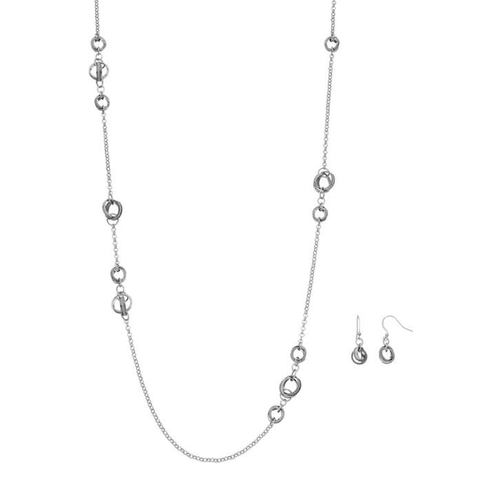 Circle Long Station Necklace & Drop Earring Set, Women's, Silver