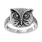 Silver Tone Simulated Crystal Textured Owl Ring, Women's, Size: 7, Multicolor