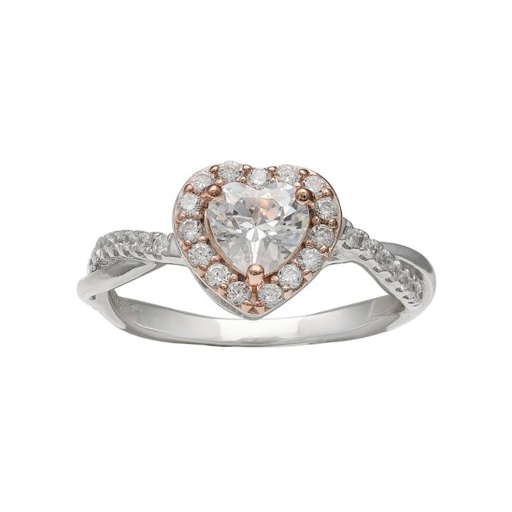 Primrose Two Tone Sterling Silver Cubic Zirconia Heart Halo Twist Ring, Women's, Size: 8, White