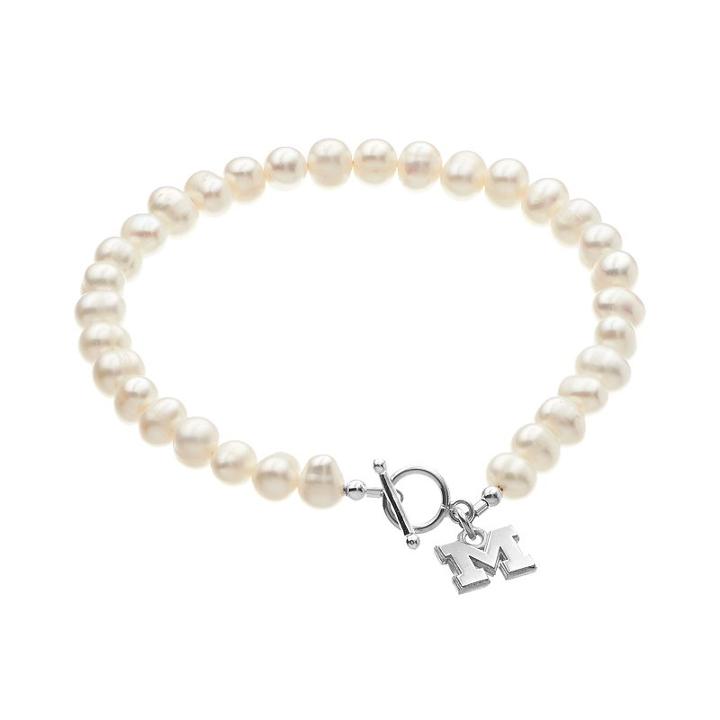 Dayna U Michigan Wolverines Sterling Silver Freshwater Cultured Pearl Logo Charm Toggle Bracelet, Women's, Size: 8, White