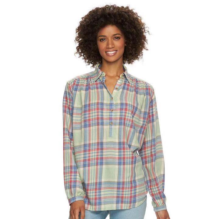 Petite Chaps Plaid Twill Henley Shirt, Women's, Size: Xs Petite, Pink Ovrfl