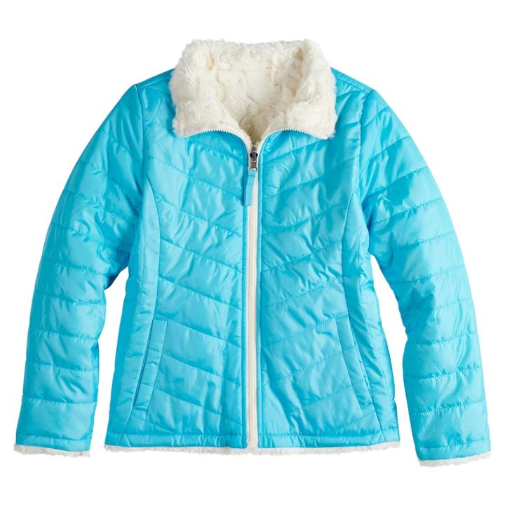 Girls 7-16 So&reg; Reversible Faux-fur & Quilted Midweight Jacket, Size: 10-12, Turquoise/blue (turq/aqua)