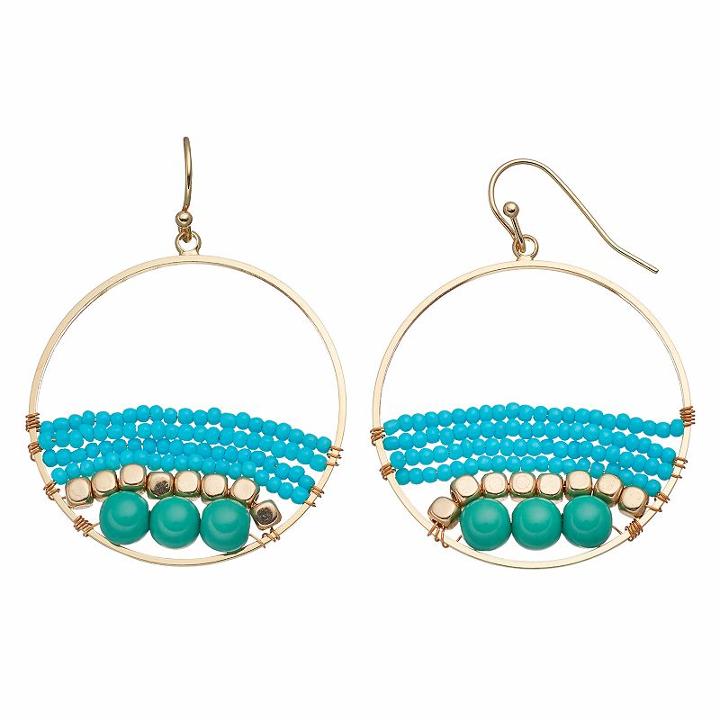 Aqua Seed Bead Drop Hoop Earrings, Women's, Turq/aqua