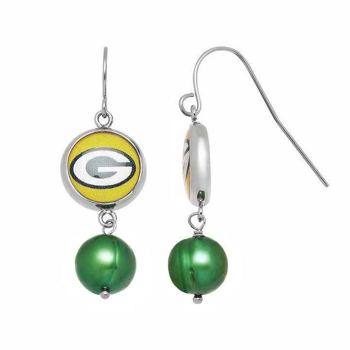 Green Bay Packers Dyed Freshwater Cultured Pearl Stainless Steel Team Logo Drop Earrings, Women's