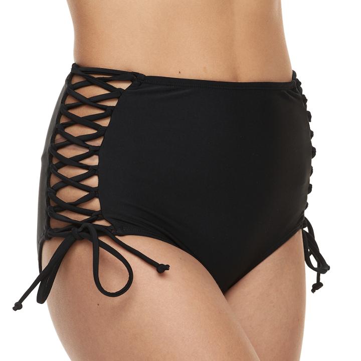 Mix And Match Lace-up High-waisted Bikini Bottoms, Teens, Size: Medium, Black