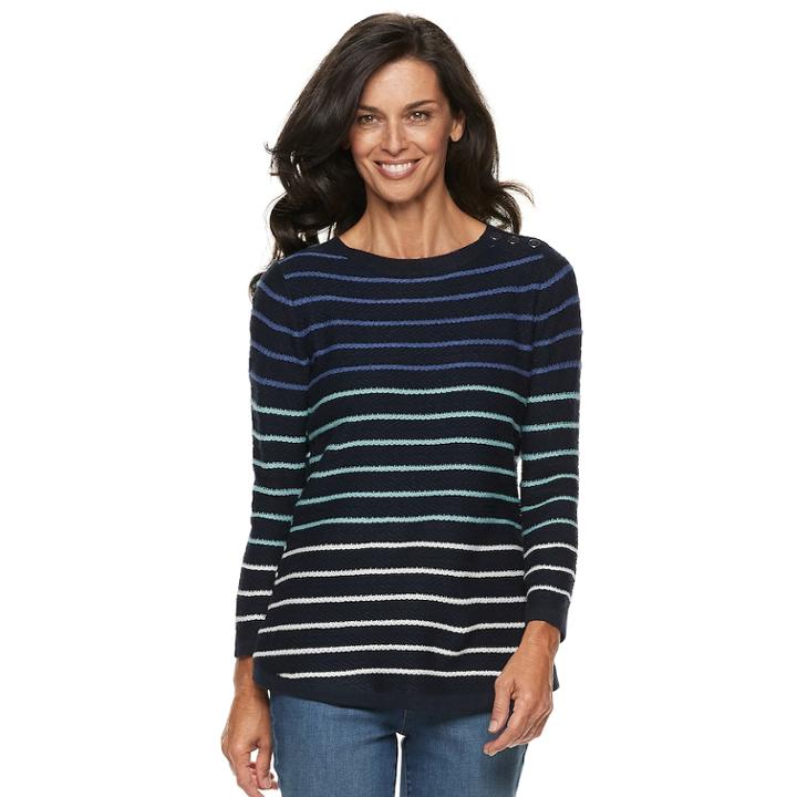 Women's Croft & Barrow&reg; Button-shoulder Crewneck Sweater, Size: Medium, Blue (navy)