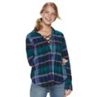 Juniors' Mudd&reg; Lace-up Plaid Flannel Shirt, Teens, Size: Medium, Blue (navy)