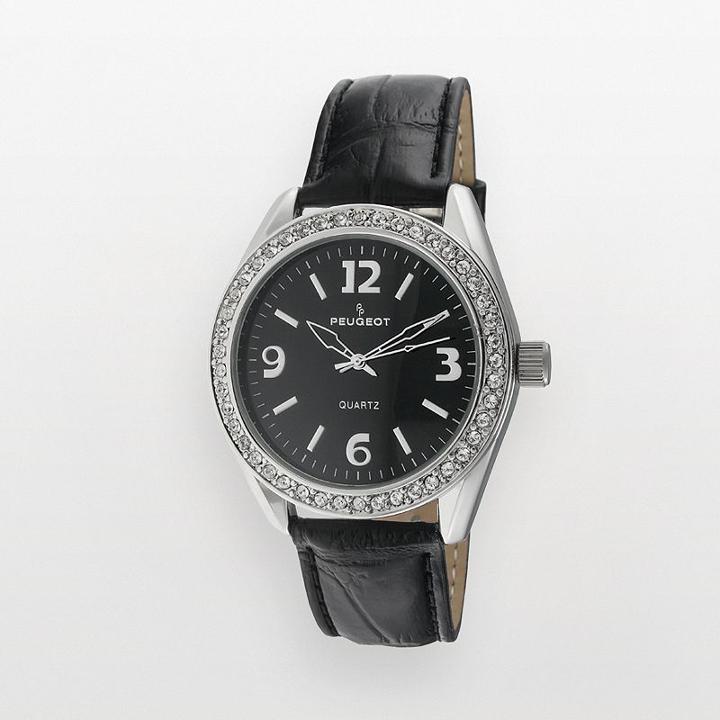Peugeot Women's Crystal Leather Watch - 3006bk, Black