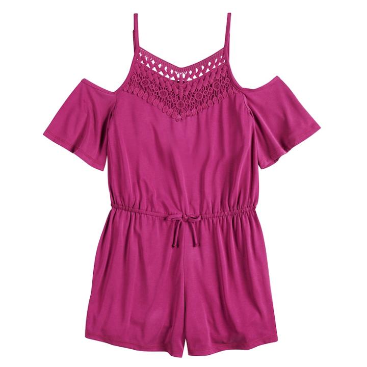 Girls 7-16 Mudd&reg; Crochet Cold Shoulder Romper, Size: M/10, Pink