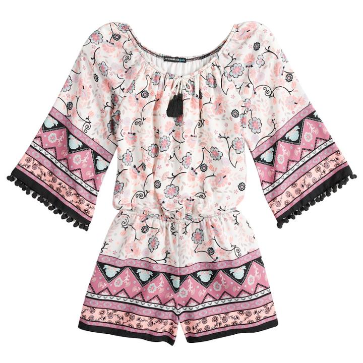Girls 7-16 My Michelle Bell Sleeve Tassel Trimmed Romper, Size: Xl, Ivory Pink