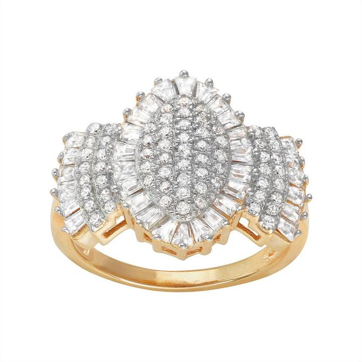 14k Gold Over Silver Cubic Zirconia Baguette Cluster Ring, Women's, Size: 10, White