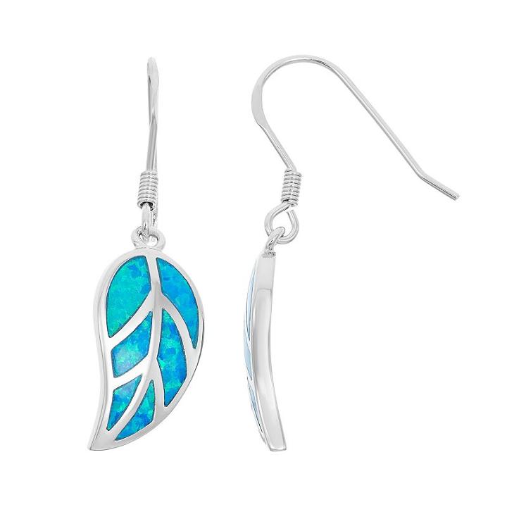 Lab-created Blue Opal Sterling Silver Leaf Drop Earrings, Women's