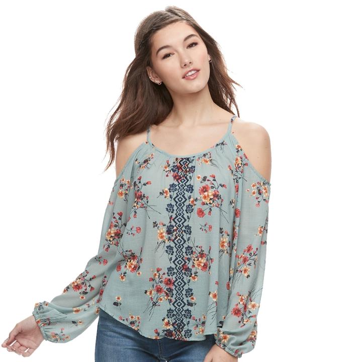 Juniors' Rewind Floral Embroidered Cold-shoulder Top, Teens, Size: Large, Green