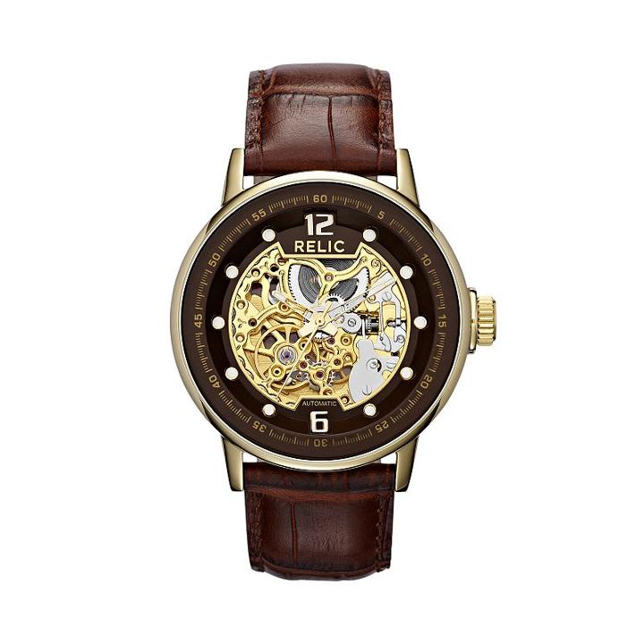 Relic Men's Automatic Leather Skeleton Watch, Size: Large, Brown, Durable
