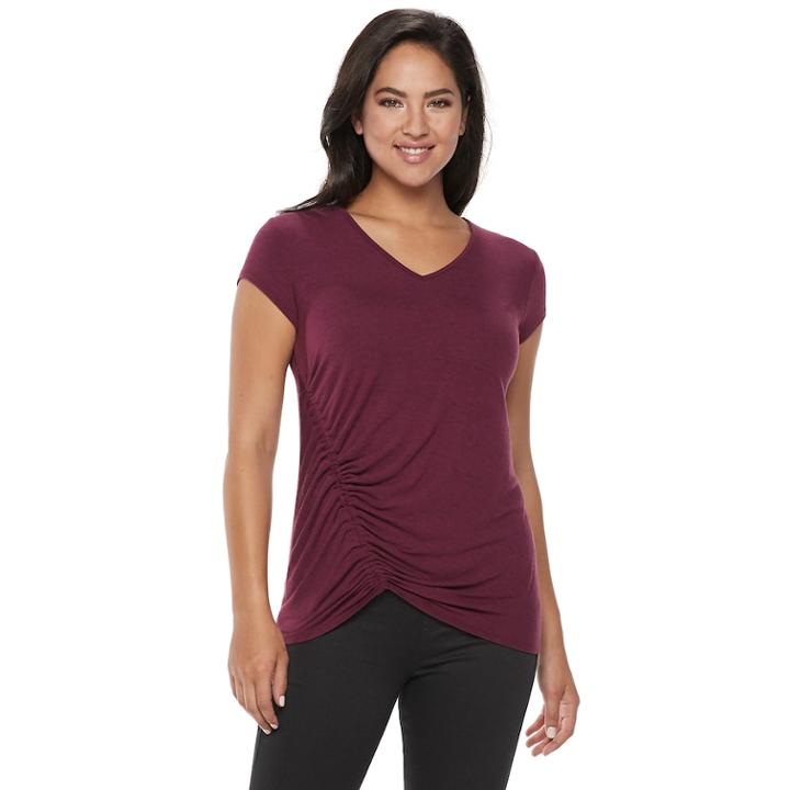 Women's Rock & Republic&reg; Asymmetrical Ruched Tee, Size: Medium, Dark Red
