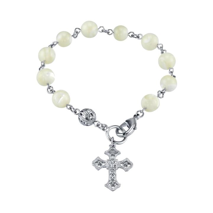 1928 Mother-of-pearl Beaded Cross Charm Bracelet, Women's, Size: 7, Grey