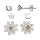 Itsy Bitsy Sterling Silver Star & Moon, Flower, & Cubic Zirconia Stud Earring Set, Women's, White
