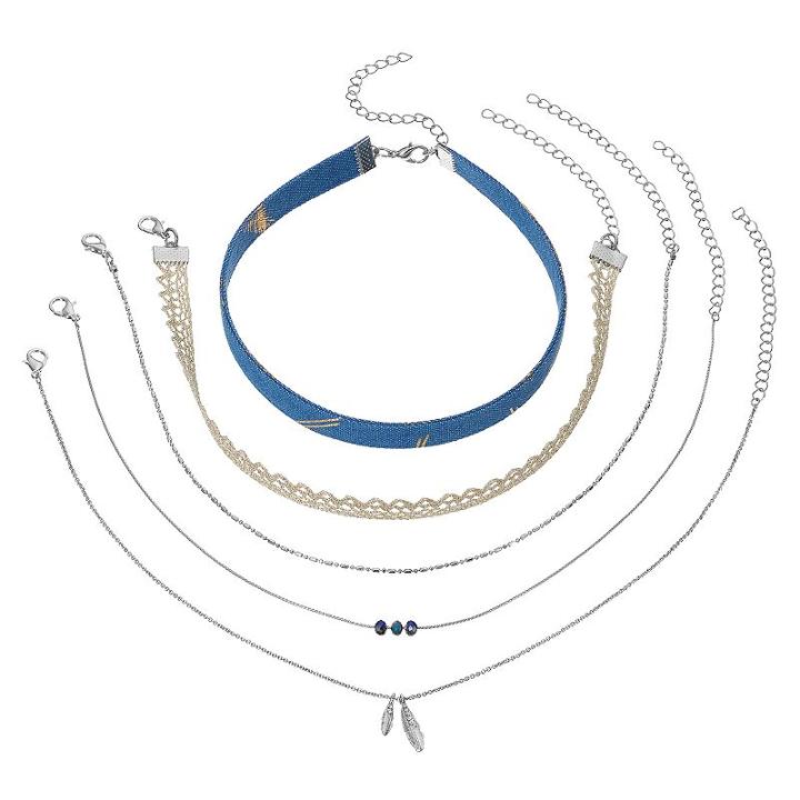 Blue Fabric, Lace & Leaf Choker Necklace Set, Women's, Silver
