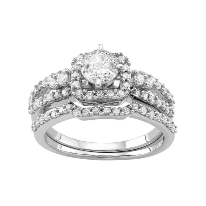 10k White Gold 1 Carat T.w. Diamond Tiered Halo Engagement Ring Set, Women's, Size: 8