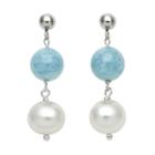 Sterling Silver Freshwater Cultured Pearl And Aquamarine Bead Linear Drop Earrings, Women's, Blue