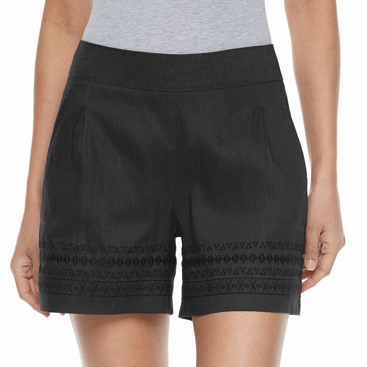 Women's Apt. 9&reg; Embroidered Linen Blend Shorts, Size: Medium, Black