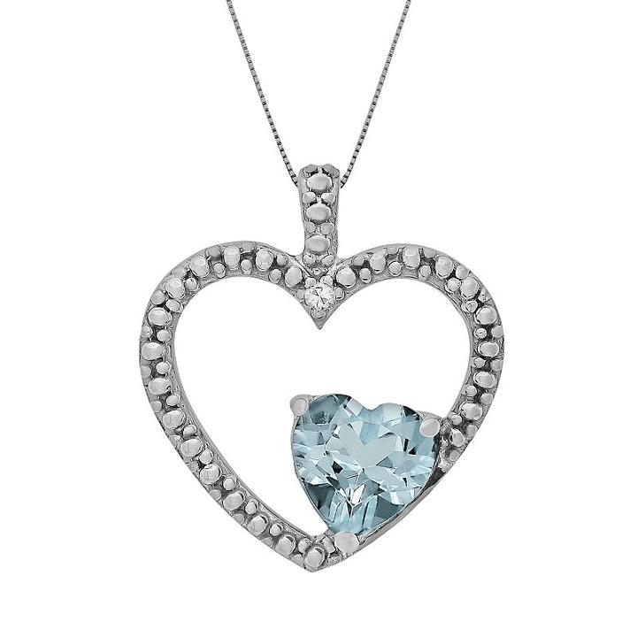 Sterling Silver Lab-created Aquamarine And Diamond Accent Heart Pendant, Women's, Size: 18, Blue
