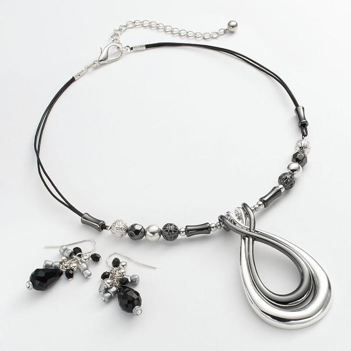 Two Tone Bead Teardrop Pendant And Cluster Drop Earring Set, Women's, Grey