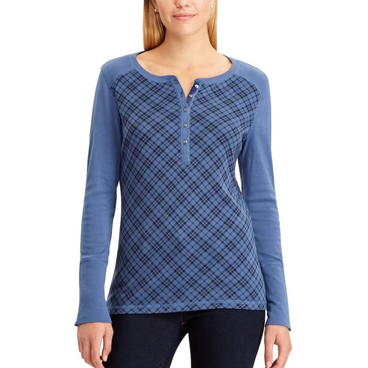 Petite Chaps Plaid Cotton Henley, Women's, Size: M Petite, Blue