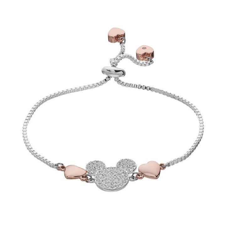 Disney's Mickey Mouse Two Tone Crystal Bolo Bracelet, Women's, White