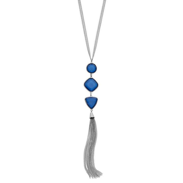 Long Blue Geometric Stone Tassel Y Necklace, Women's