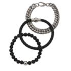 Men's Stainless Steel Black Glass Beaded, Leather & Curb Chain Bracelet Set, Size: 8