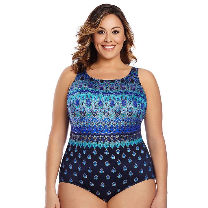 Plus Size Great Lengths Camelot High-neck One-piece Swimsuit, Women's, Size: 18, Blue