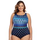 Plus Size Great Lengths Camelot High-neck One-piece Swimsuit, Women's, Size: 18, Blue