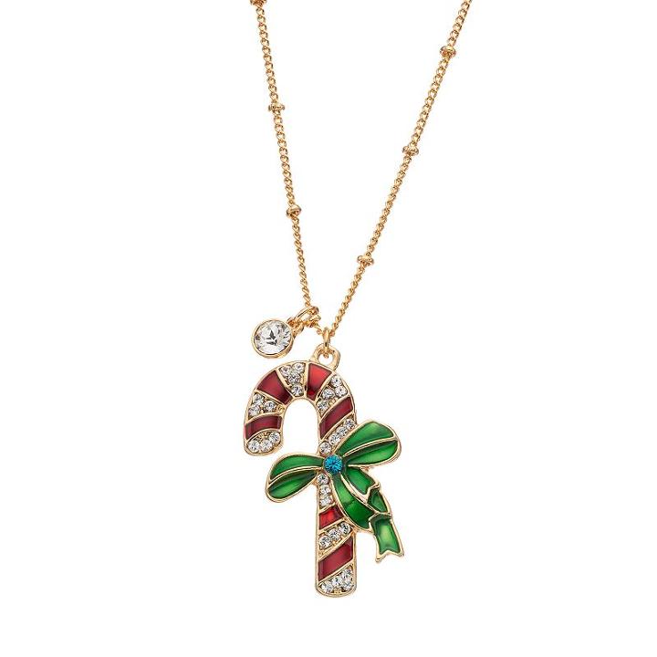 14k Gold-plated Crystal Candy Cane Charm Necklace, Women's, White