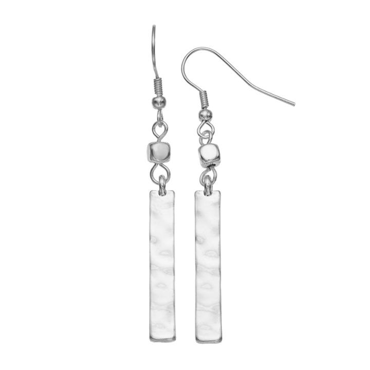 Hammered Bar Nickel Free Linear Drop Earrings, Women's, Silver