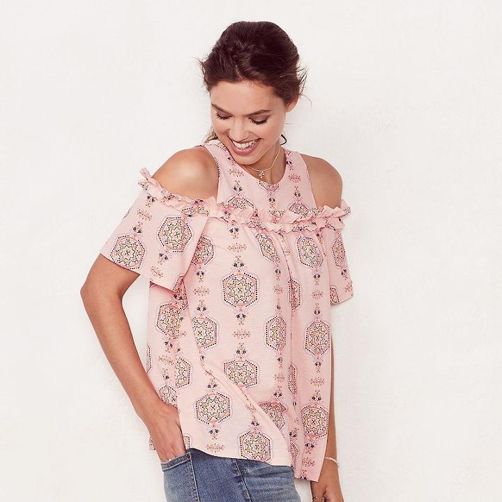 Women's Lc Lauren Conrad Cold-shoulder Ruffle Top, Size: Medium, Light Pink