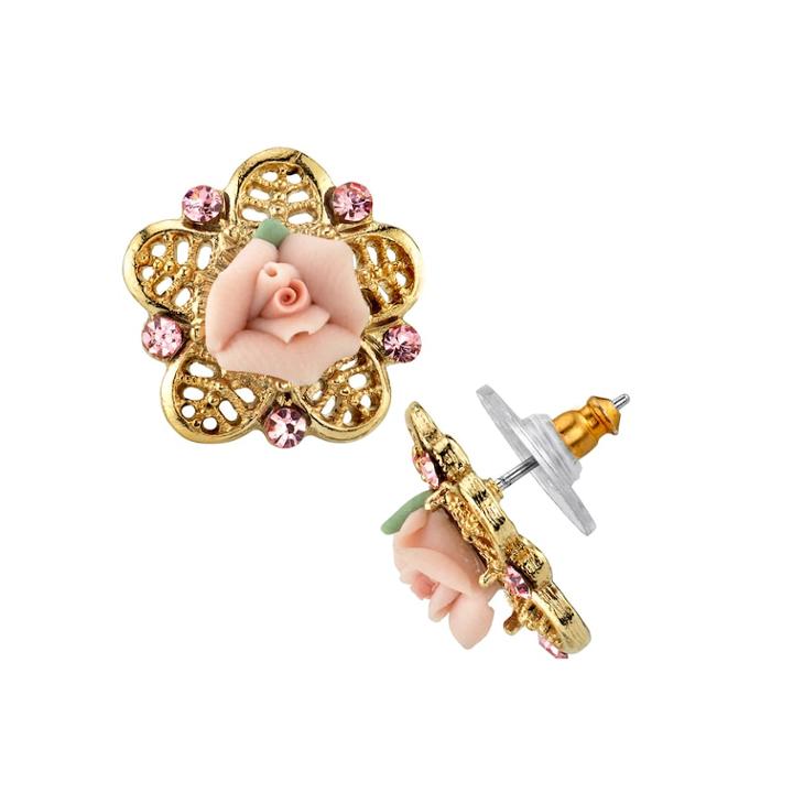 1928 Pink Porcelain Rose & Simulated Crystal Stud Earrings, Women's