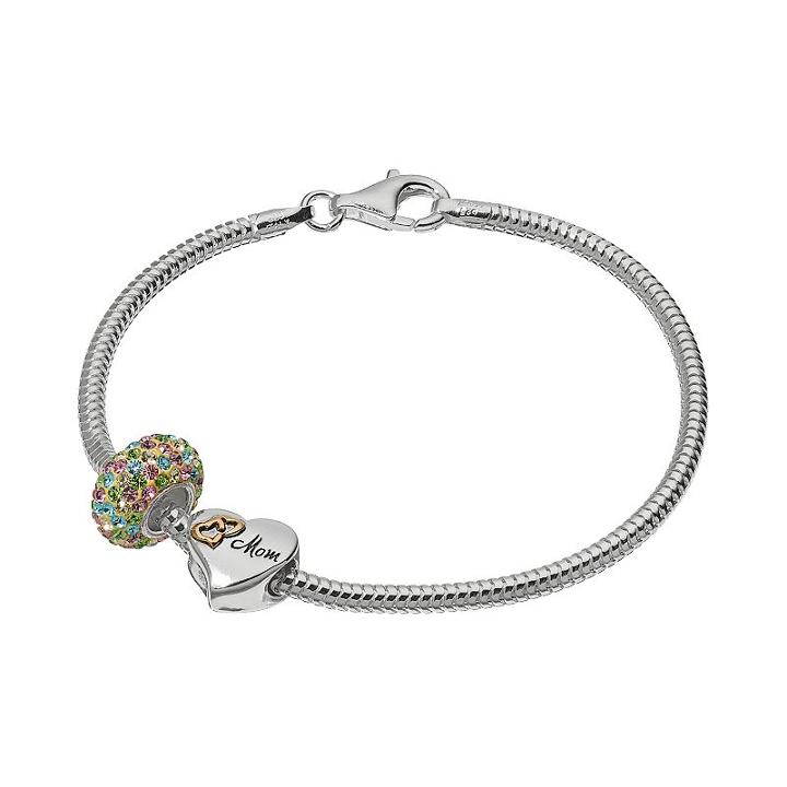 Individuality Beads Crystal Sterling Silver & 14k Gold Over Silver Snake Chain Bracelet & Mom Heart Bead Set, Women's, Multicolor