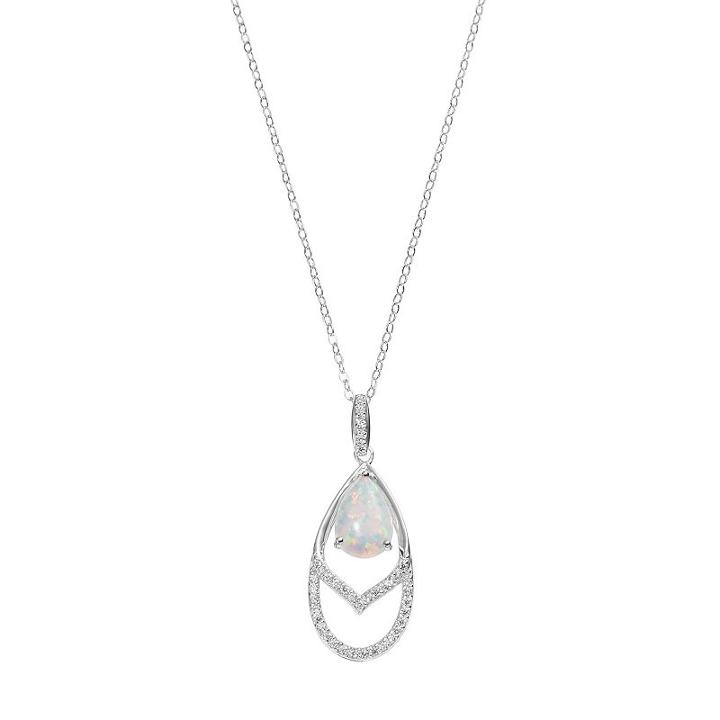 Sterling Silver Simulated Opal & Cubic Zirconia Teardrop Pendant, Women's, Size: 18, White