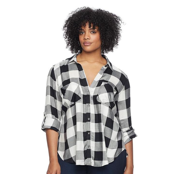 Plus Size Rock & Republic&reg; Plaid Roll-tab Shirt, Women's, Size: 2xl, Black