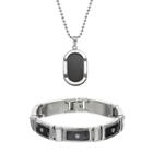 Stainless Steel & Carbon Fiber Dog Tag Necklace & Rectangle Link Bracelet Set - Men, Grey