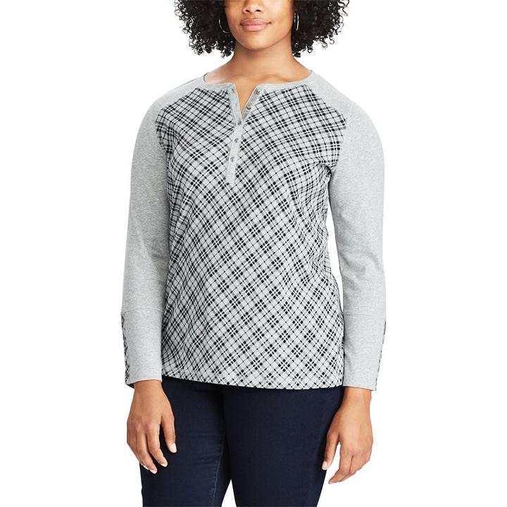 Plus Size Chaps Plaid Henley Long Sleeve Top, Women's, Size: 1xl, Grey