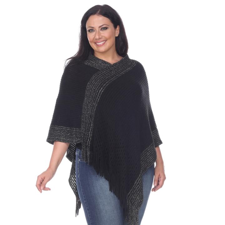 Plus Size White Mark Pointelle Fringe Poncho, Women's, Black
