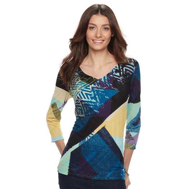 Women's Dana Buchman Printed Bias Cut V-neck Top, Size: Large, Dark Green