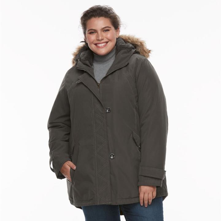 Plus Size Kc Collections Hooded Faux-fur Trim Microfiber Jacket, Women's, Size: 3xl, Grey (charcoal)