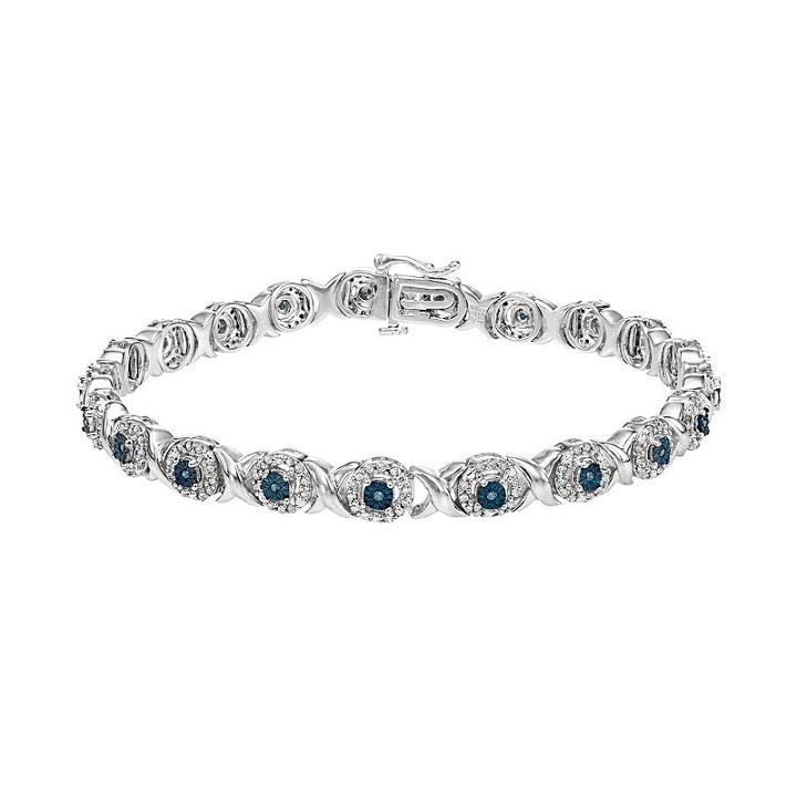 Sterling Silver 1 Carat T.w. Blue & White Diamond Xo Bracelet, Women's, Size: 7.25
